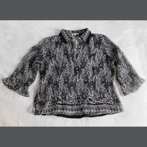 NICOLA Black and White Sheer Button Down Blouse Cover Up